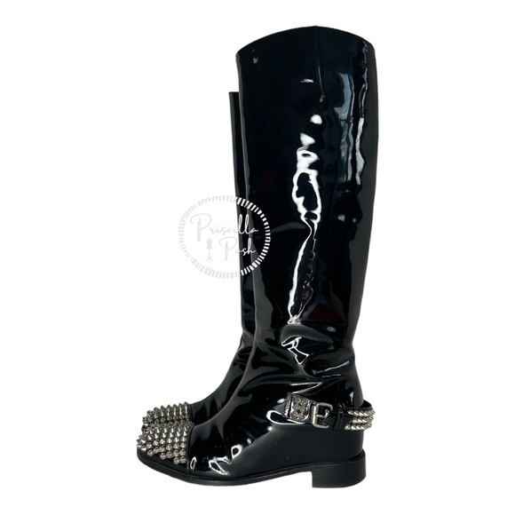 Christian Louboutin Egoutina Calfskin black Patent leather Spike Boots Combat 36 - Picture 1 of 17